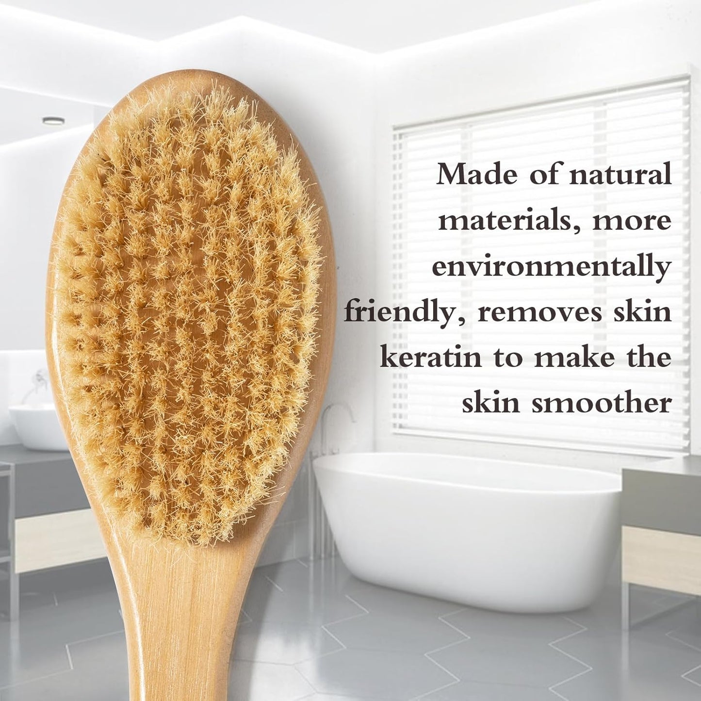 Bamboo Long Handle Back Scrubber Brush,Dry Body Scrubber for Dry Skin, Blood Circulation, Cellulite Treatment,Dry Brush Suitable for All Kinds of Skin with Soft and Stiff Bristles