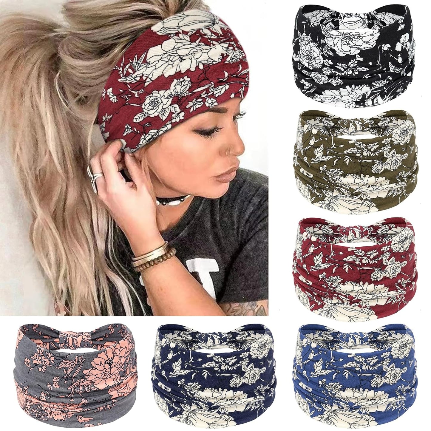 Wide Headbands for Women Knotted No Slip Head Bands Soft Turban Headband Hair Accessories Boho African Solid Color Head Wraps for Women Yoga Workout Pack of 6
