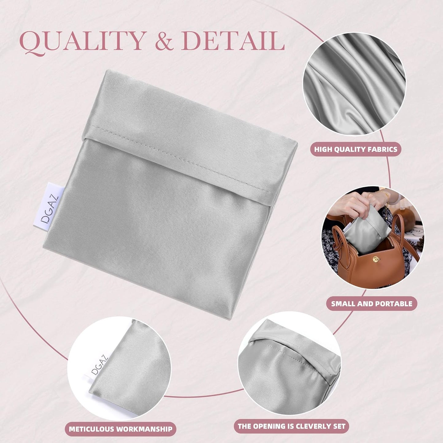 DGAZ Silk Sanitary Napkin Storage Bag, Period Bag for Teen Aged Girls, Portable Period Bag for Panty Liners/Menstrual Cup/Small Tampons，Mini Makeup Bag for Purse(Peral Grey)