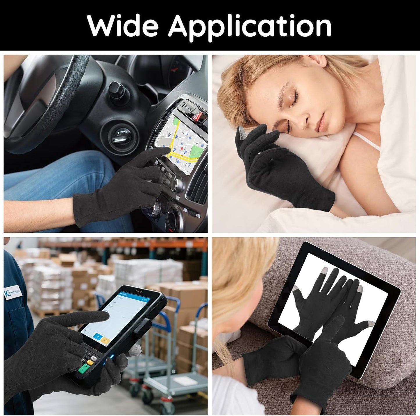 Segbeauty 12 Counts Elastic Touch Screen Hand Moisturizing Cotton Gloves for Dry Hands Sleeping Overnignt, 6 Pairs Black Cotton Gloves with Elastic Band, Reusable Lotion Gel Spa Moisture Sleep Glove