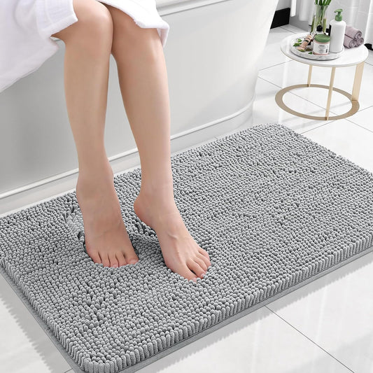 OLANLY Bathroom Rugs 24x16, Extra Soft Absorbent Chenille Bath Rugs, Rubber Backing Quick Dry, Machine Washable Bath Mats for Bathroom Floor, Tub and Shower, Home Decor Accessories, Light Grey
