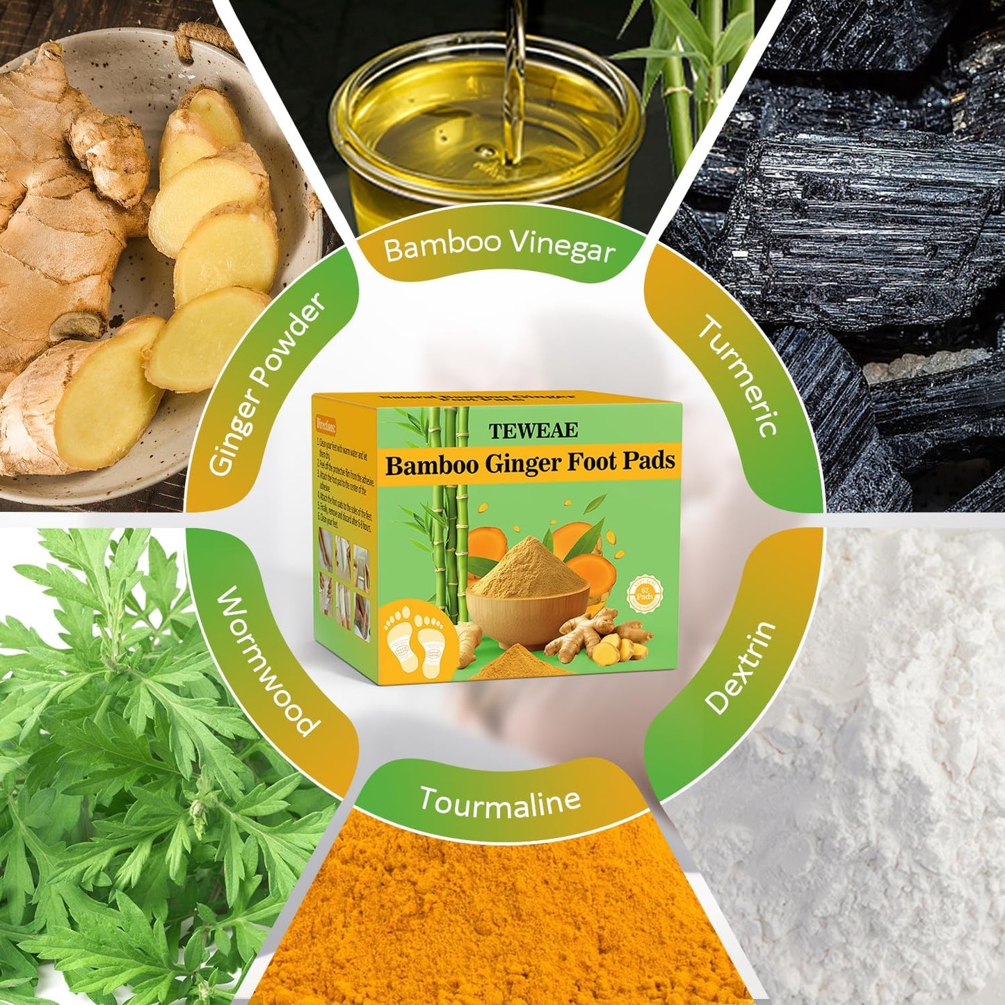 62 Pads Foot Pads Natural Turmeric & Ginger, Wormwood, Bamboo Vinegar, Included 62Pads Goodnight Patches and 62 Adhesive Sheets