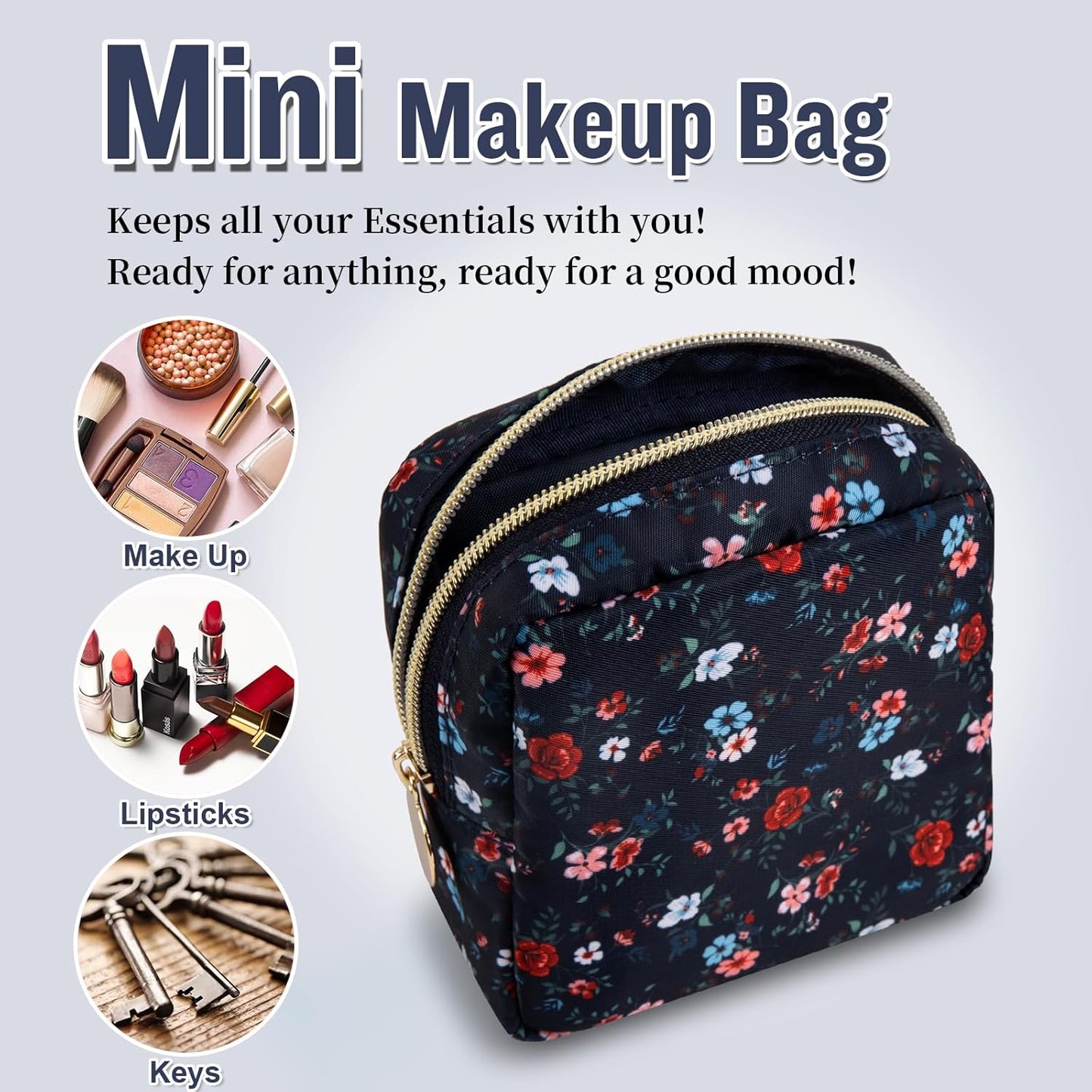 Nylon Mini Floral Makeup Bag for Purse, Small Cute Makeup Bag Preppy Cosmetic Zipper Pouch Purse, Waterproof Travel Coin Pouch Sanitary Napkin Storage Bag Makeup Organizer for Women(Navy Blue-Flower)