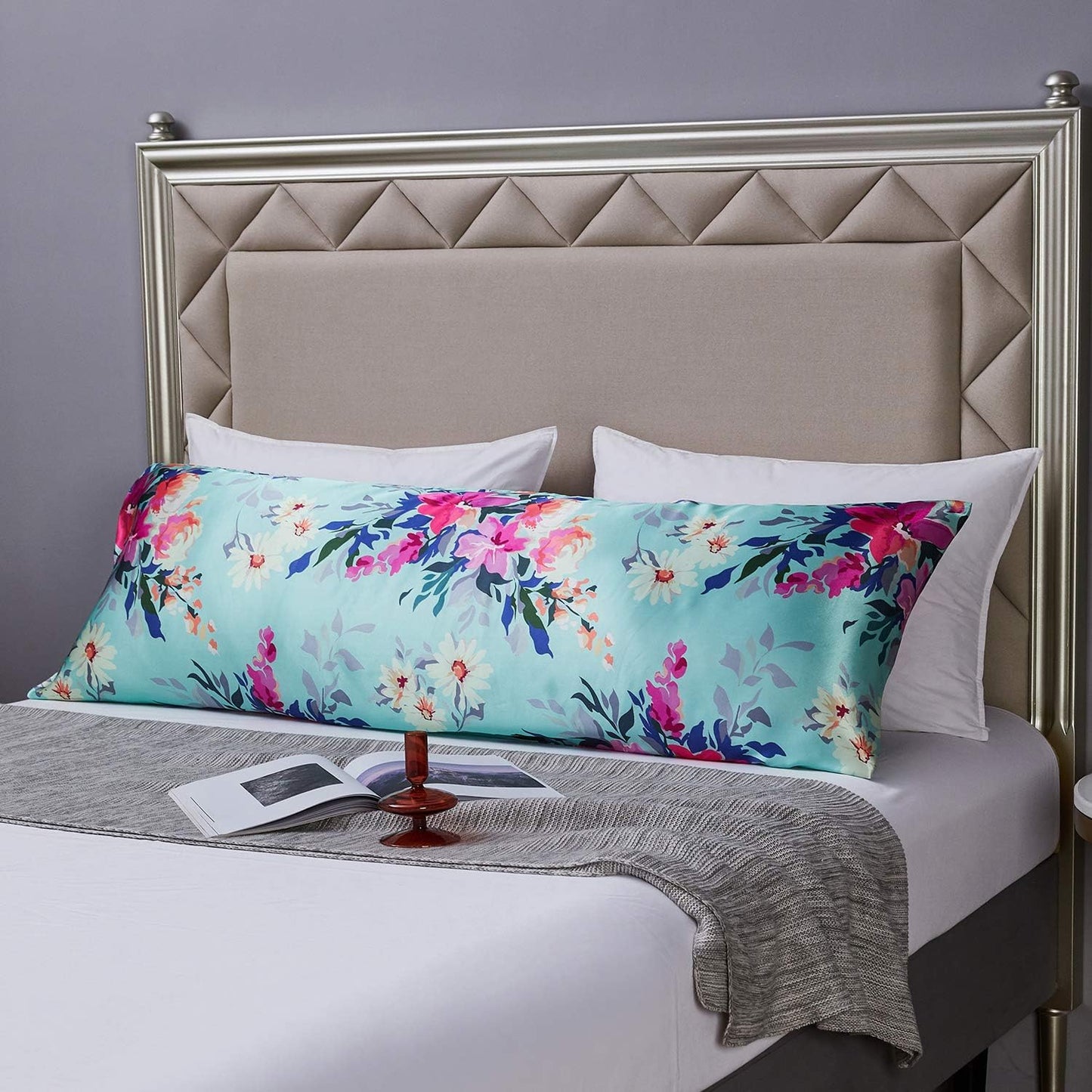 MR&HM Satin Body Pillow Cover, Soft and Breathable Body Pillow Case with Envelope Closure, Cooling and Silky Long Pillowcase for Hair and Skin,Grey (20x54, Floral Green)