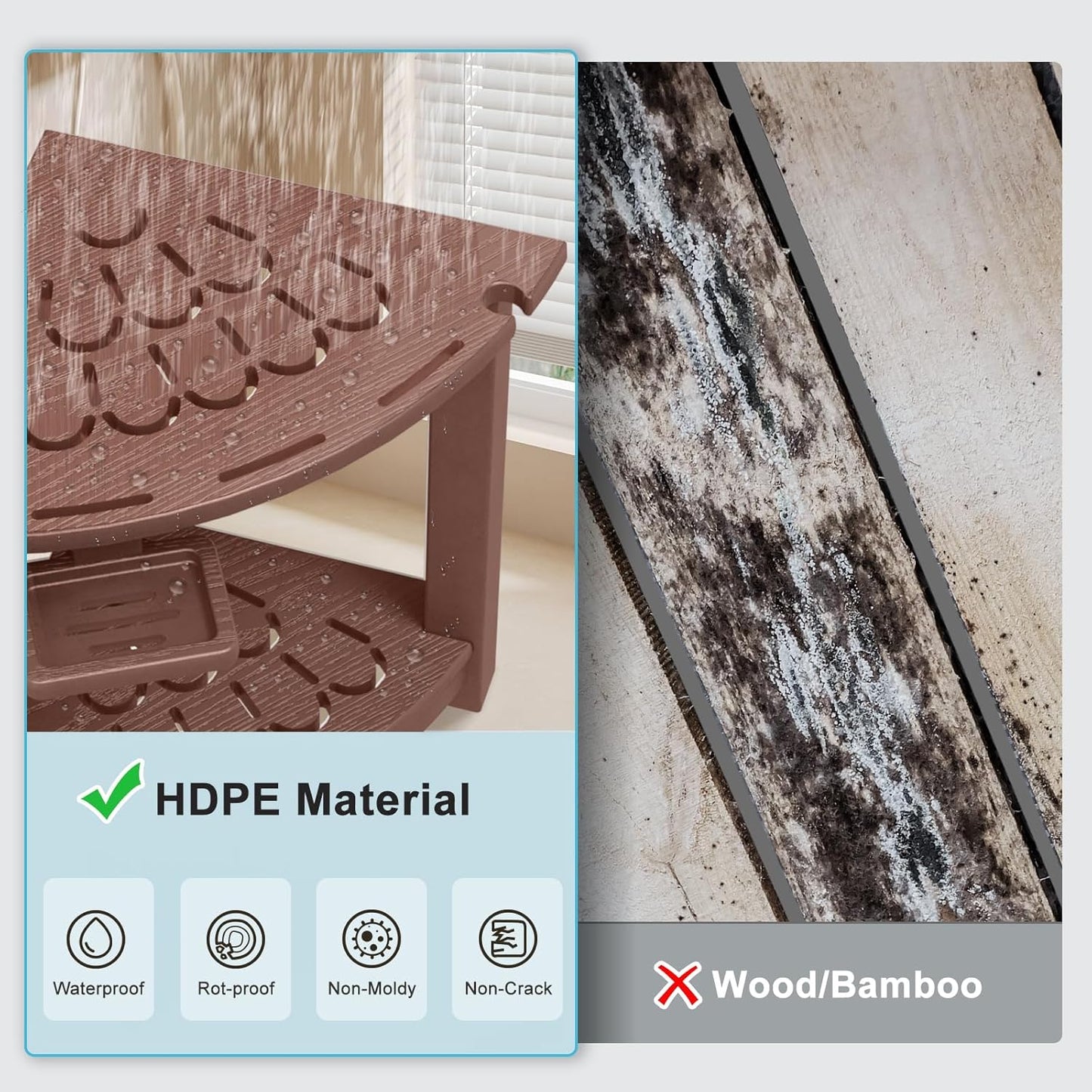 nalone Corner Shower Stool, HDPE Shower Bench for Inside Shower, Small Shower Chair Seat for Shaving Legs with Storage Shelf, Soap Box and No-Slip Feet (Brown)