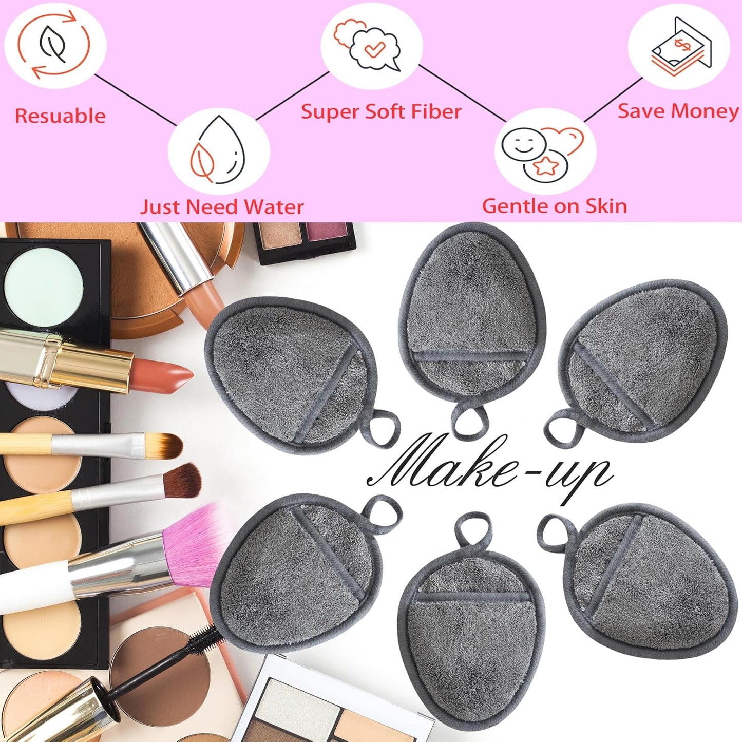 Reusable Makeup Remover Pads Soft Makeup Remover Cloths Washable Facial Makeup Cleansing Pads for Face,Lip,Eyes Grey 6PCS