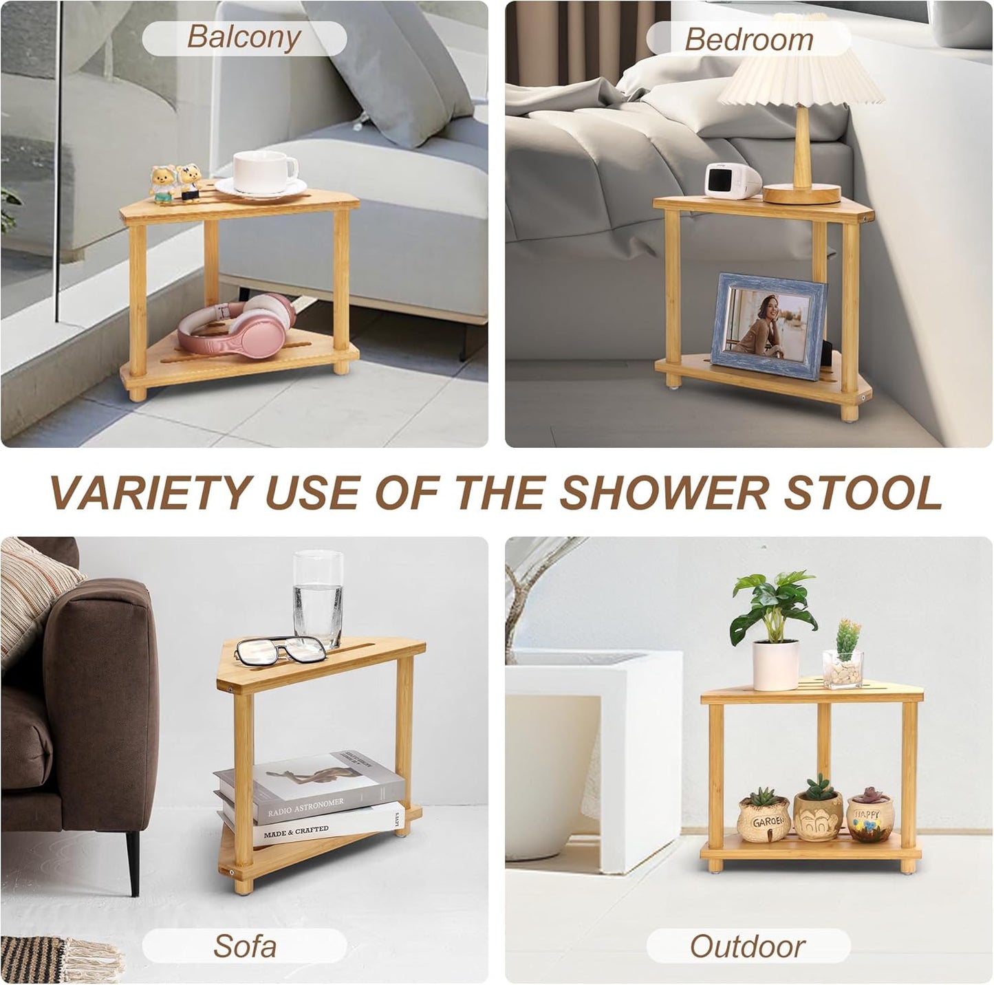 Bamboo Small Shower Corner Stools Bench,Waterproof Shower Chair for Inside Shower, with 2 Tire Storage Shelf,Foot Rest for Shaving Legs for Small Space,Gifts for Women/Mom,14.5x8.6x12 Inch