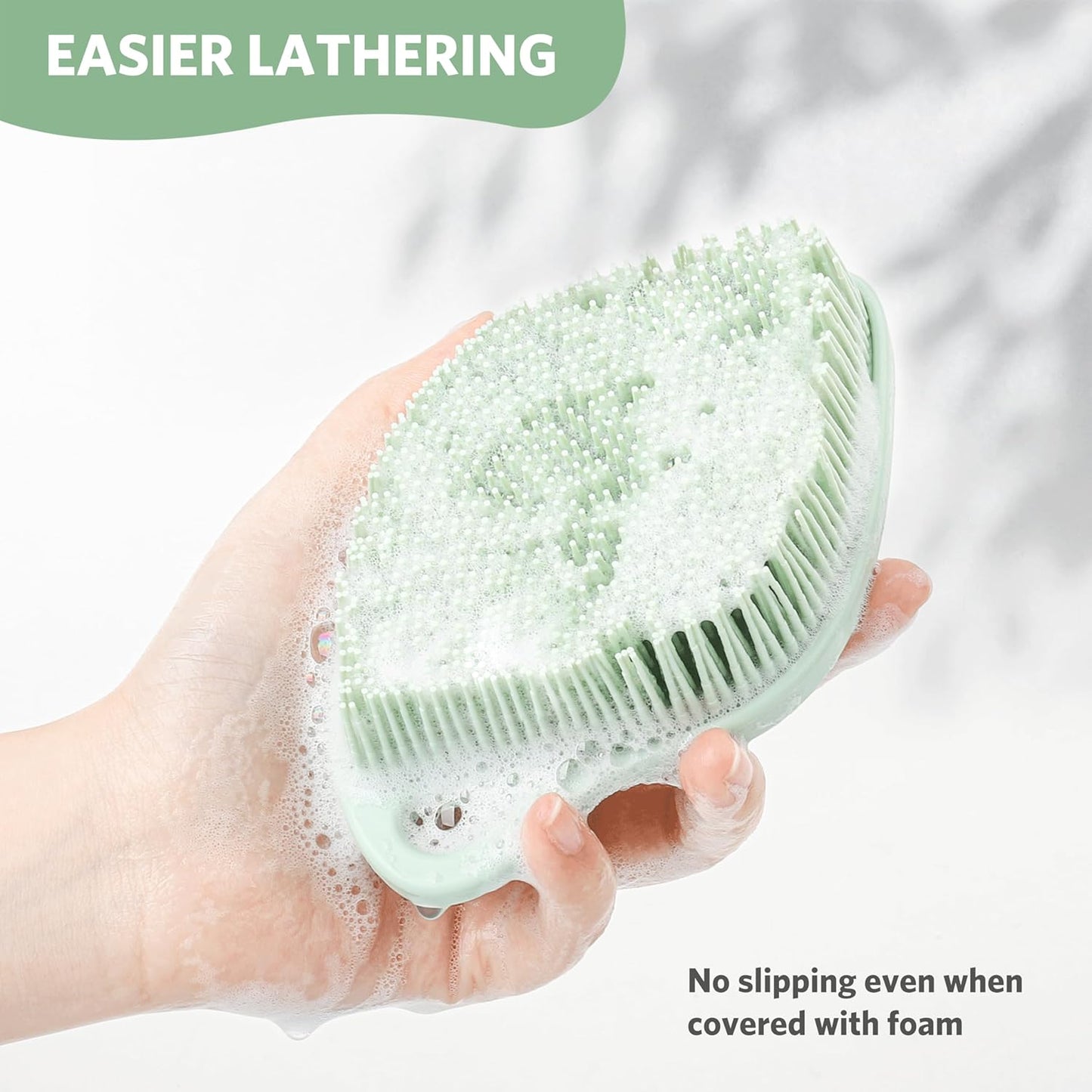 Sndyi Silicone Body Scrubber, Gentle Exfoliating Body Scrubber for Sensitive Skin, Leaf Shaped Shower Scrubber for Body with Lathering Bristles, Silicone Loofah Body Brush for Showering, Green