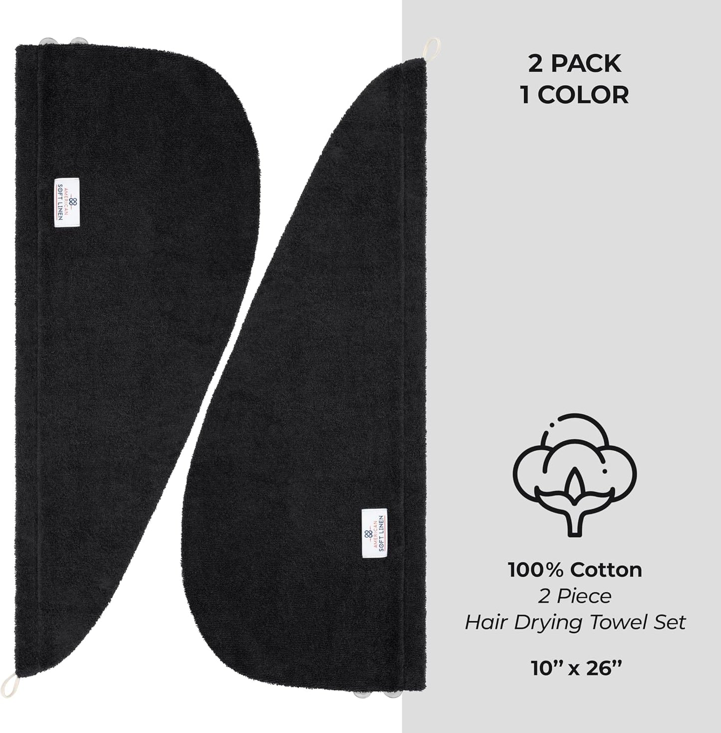 American Soft Linen 100% Cotton Hair Towels for Women, Head Towel Cap, Cotton Hair Turban Towel Wrap for Long Curly Anti Frizz Hair, Soft and Absorbent Cotton Hair Towels 2 Pack, Black
