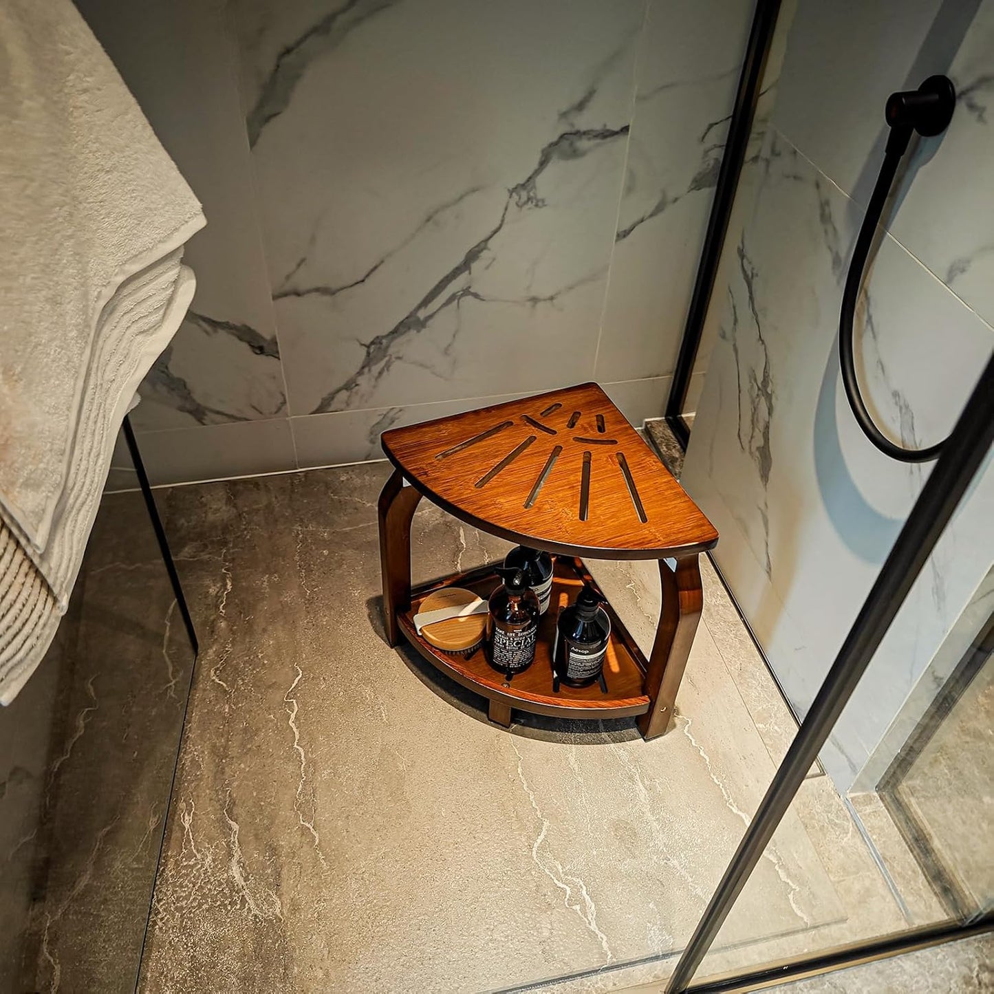 KingPavonini Bamboo Corner Shower Stool for Shaving Legs Foot Rest, Waterproof Bath Bench Seat with Storage Shelf for Bathroom Inside Shower, Hold Up to 450Lbs
