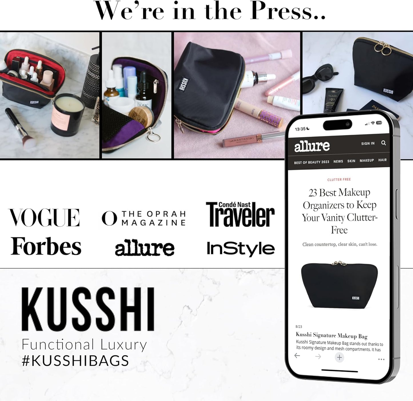 KUSSHI Washable Travel Makeup Bag for Purse (Everyday, Satin Black/Pink)