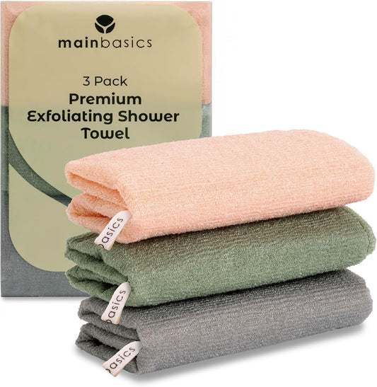 MainBasics Exfoliating Shower Towel - Japanese Nylon Bath Towel and Body Washcloth, Quick-Dry, Durable, Deep Exfoliation (Set of 3, Earthy Love)