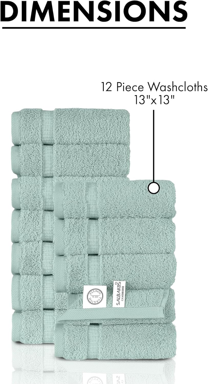 SALBAKOS 100% Turkish Cotton Washcloth Set of 12 13x13 inch | Heirloom Quality | Hotel & Spa Collection | Ultra Soft, Super Absorbent, Washcloth Towels | Made in Turkey (Seafoam Green, 12 Washcloths)