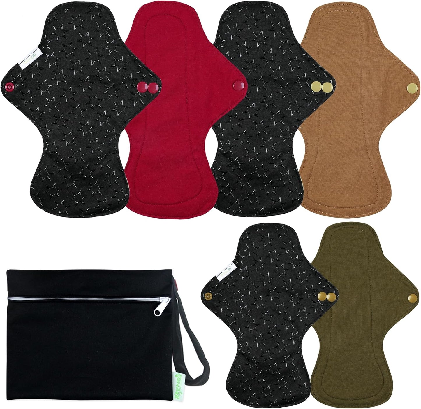 wegreeco 6 Pc Reusable Menstrual Pads, Ultra Absorbent Cloth Pads for Light/Heavy Flow, Sanitary for Teens, Women, Nonslip Panty Liners + Bag (Aqua, Burgundy, Coffee, XL)