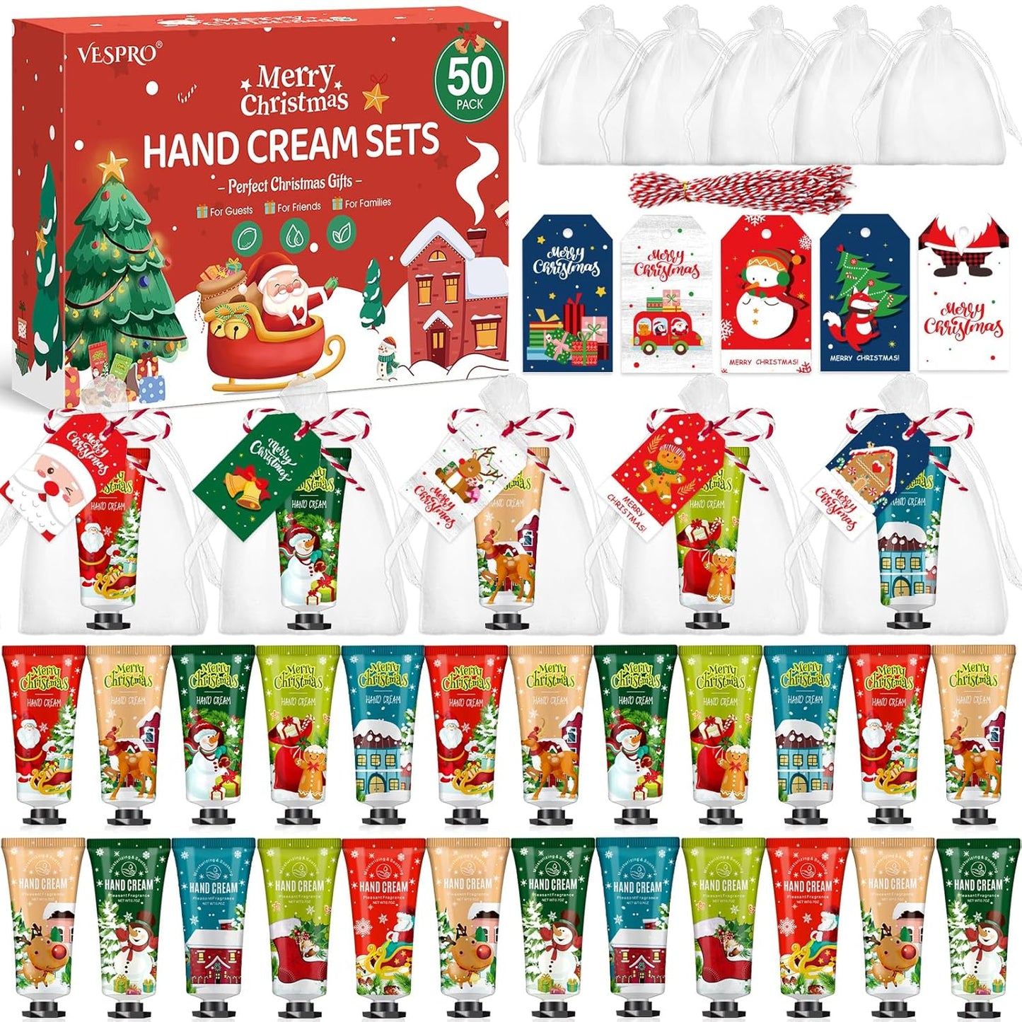 VESPRO 50 Sets Christmas Hand Cream Gift for Women, Hand Lotion for Christmas Party Favors with Christmas Cards and Organza Gift Bags, Christmas Decorations and Stocking Stuffers Gifts for Women