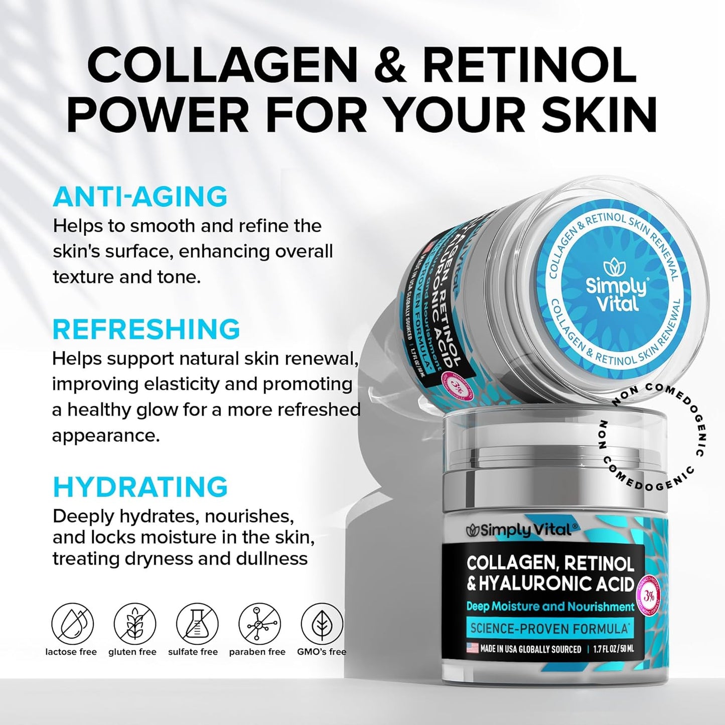 SimplyVital Anti-Aging Collagen Retinol Cream for Face, Neck & Décolleté with Hyaluronic Acid - Made in USA, Daily Collagen, Retinol & Hyaluronic Acid Cream, 2-Pack
