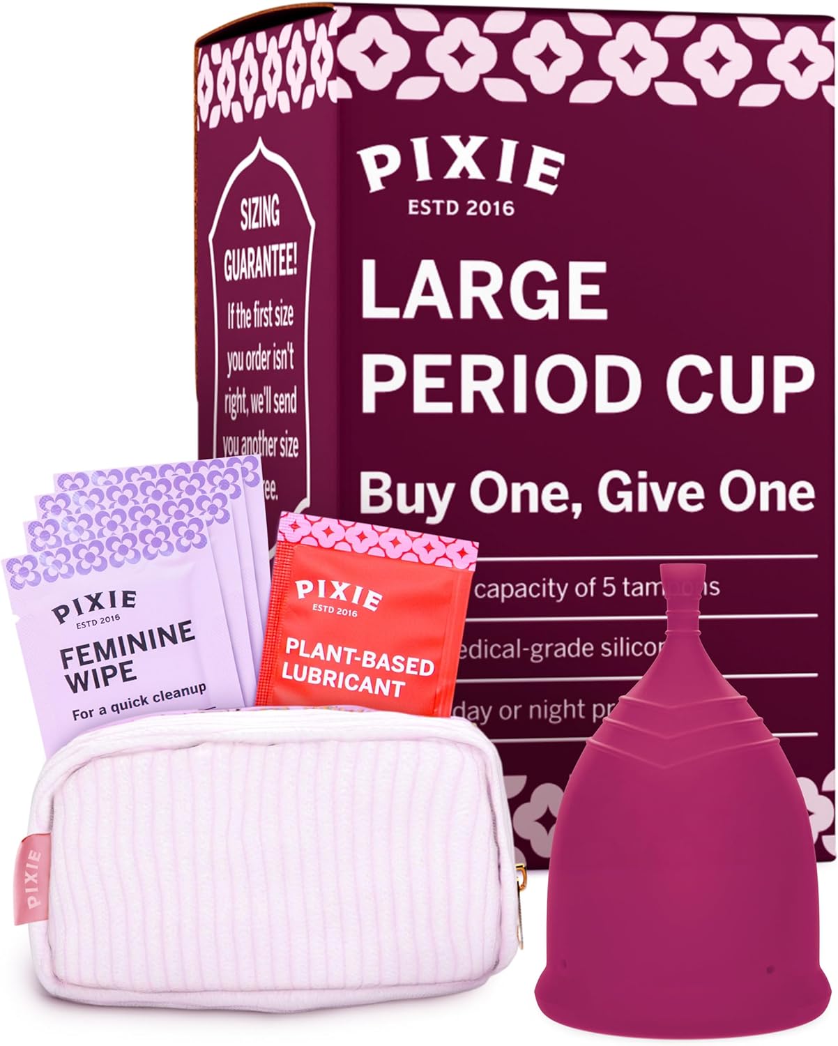 Pixie Menstrual Cup - No Metals or Toxins - Ranked 1 for The Most Soft Reusable Period Cup - Wear 12 Hours - 100% Medical-Grade Silicone - Tampon Alternative (Plum, Large)