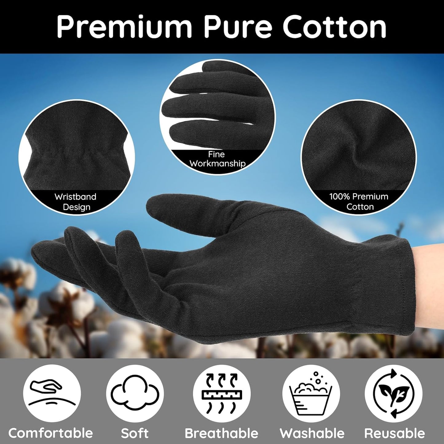 Segbeauty 8 Counts Elastic Black Cotton Work Gloves for Men, 4 Pairs Lotion Moisturizing Hand Cotton Gloves for Dry Hands Overnight Care with Elastic Band, Reusable Sleep Moisture Glove for Dry Hands