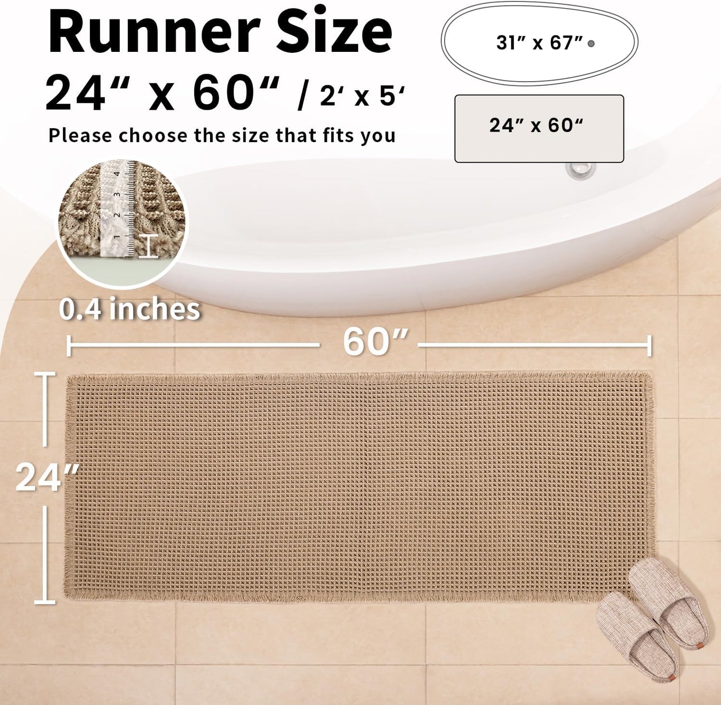 Waffle Runner Bath Mat - Long Boho Bathroom Rugs Non Slip Washable, Super Absorbent & Quick Dry, Soft Bath Mat Farmhouse Bathroom Decor, 24'' x 60'', Khaki