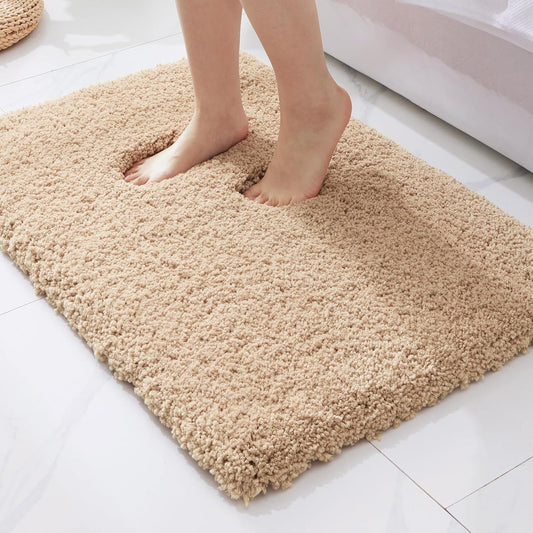 ILANGO Beige Bathroom Rugs 36" × 24" Non Slip & Super Absorbent Extra Thick Soft, Washable Bath Mat for Floor, Microfiber Plush Shaggy Bath Rug with Rubber for Bathtub Shower Room Sink