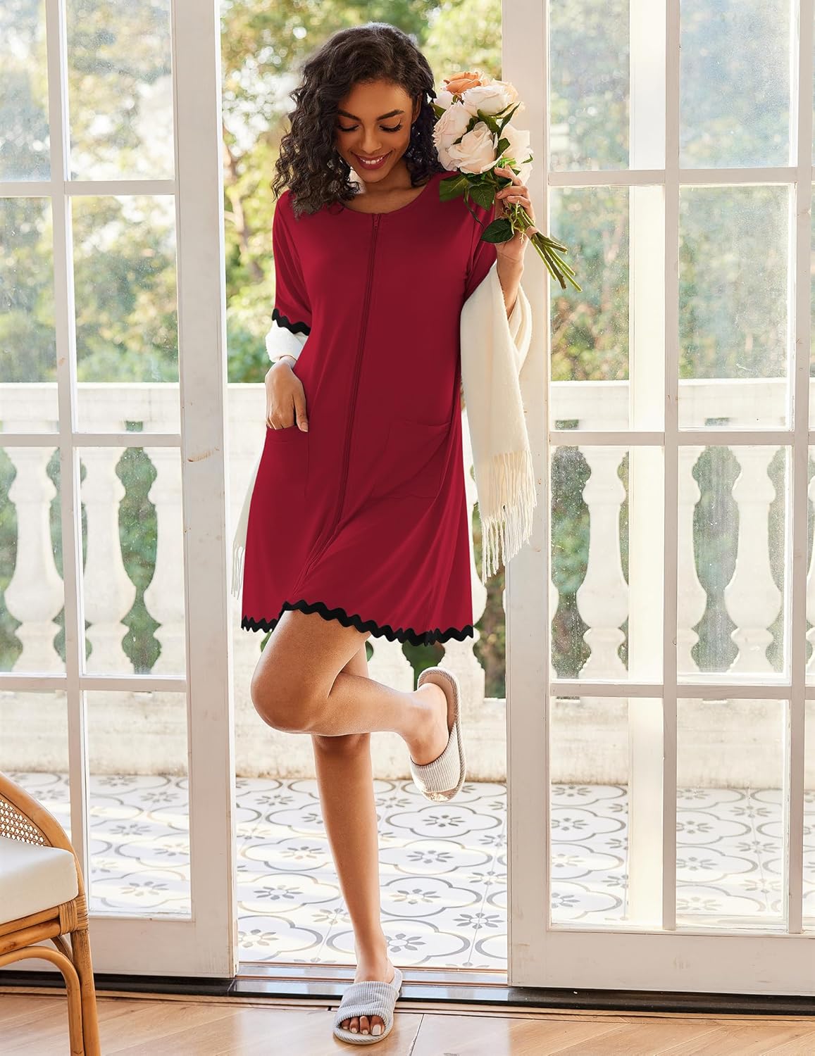 Ekouaer Women Zip Up Robe Lightweight Housecoats with Pockets Knee Length Short Bathrobes Soft Nightgown S-3XL