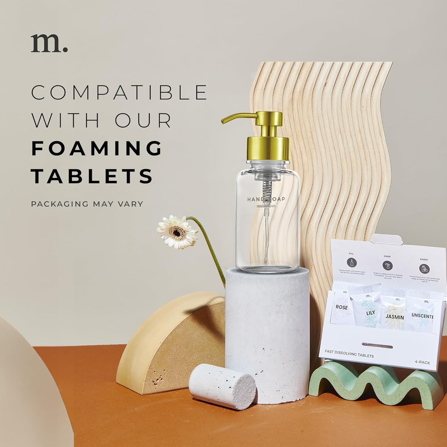 MaisoNovo Glass Foaming Soap Dispenser | Clear Glass Gold Pumps x 2 with Tray