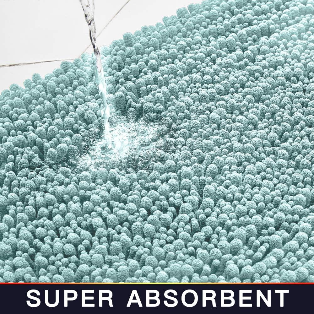 Walensee Bathroom Rug 2 Pieces Set Non Slip Bath Mat (17x24 Plus 20x32 Inch spa Blue) Water Absorbent Super Soft Shaggy Chenille Machine Washable Dry Extra Thick Perfect Carpet for Shower Floor