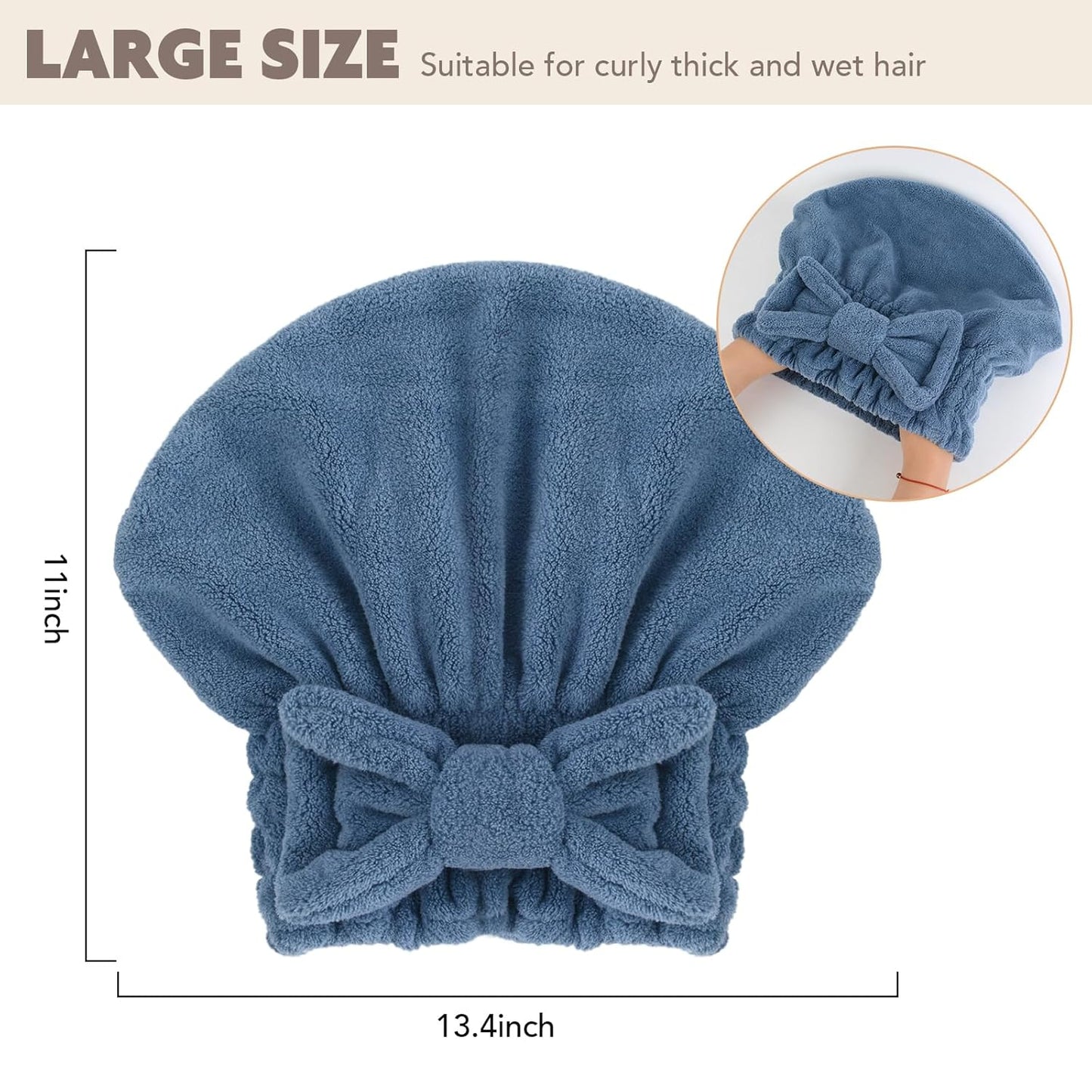 SUNLAND Large Microfiber Hair Drying Caps with Bow knot Fast Drying Shower Cap Soft and Absorbent hairWrap Hair Turban Bath Caps for Curly Thick and wet Hair 11 X 13.4 inch 2 Pack Dark Blue