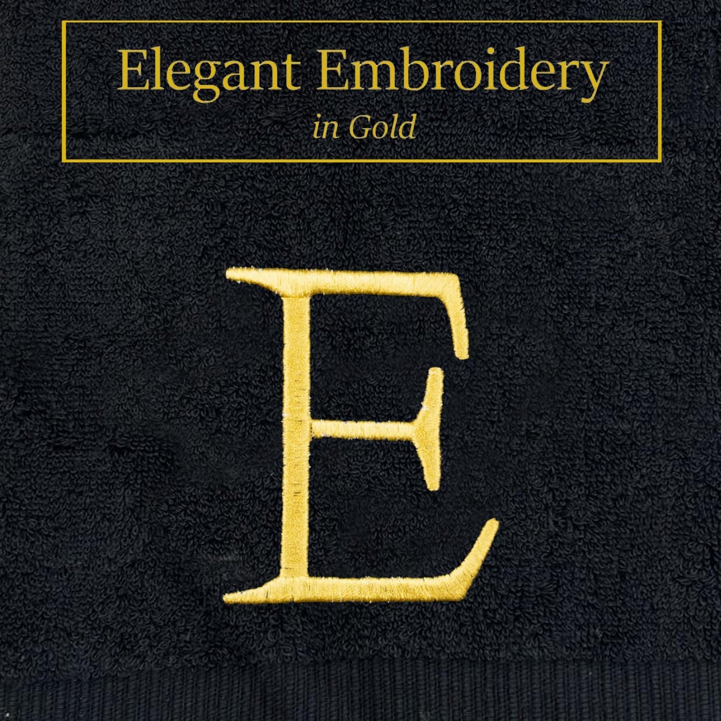Black Monogram Hand Towel for Bathroom - Monogrammed Initial Hotel Quality Decorative Embroidered Luxury Towel for Powder Room, Spa - GOTS Organic Certified - Pack of 2, Letter E