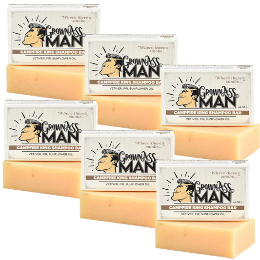 Grown Ass Man Co. - Solid Shampoo Bar Rich Lather 3 in 1: Hair, Beard & Body Wash - Plastic Free & Eco-Friendly, Natural & Organic Clean for All Hair Types, 4oz Bar (Campfire King, 6-Pack)