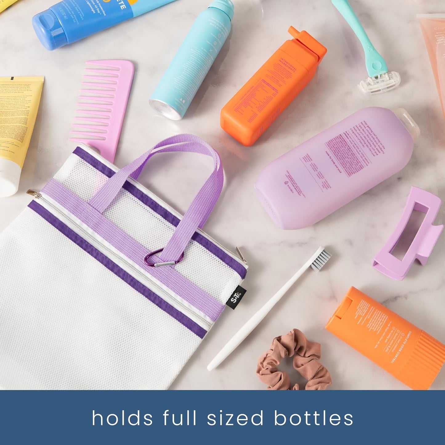 S&T INC. Mesh Shower Caddy, Shower Bag for Dorm Room Essentials, Gym Bag, Camping and More, Two Zippered Pockets, White and Purple, 10 Inches x 10 Inches