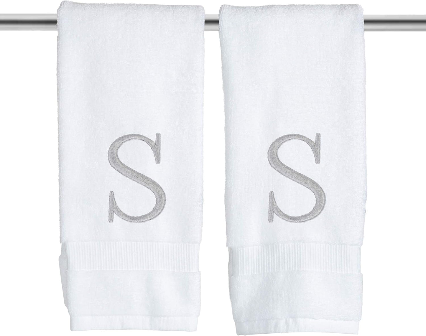 Monogrammed Hand Towels for Bathroom - Luxury Hotel Quality Personalized Initial Decorative Embroidered Bath Towel for Powder Room, Spa - GOTS Organic Certified - Set of 2 Letter S