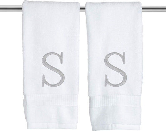 Monogrammed Hand Towels for Bathroom - Luxury Hotel Quality Personalized Initial Decorative Embroidered Bath Towel for Powder Room, Spa - GOTS Organic Certified - Set of 2 Letter S