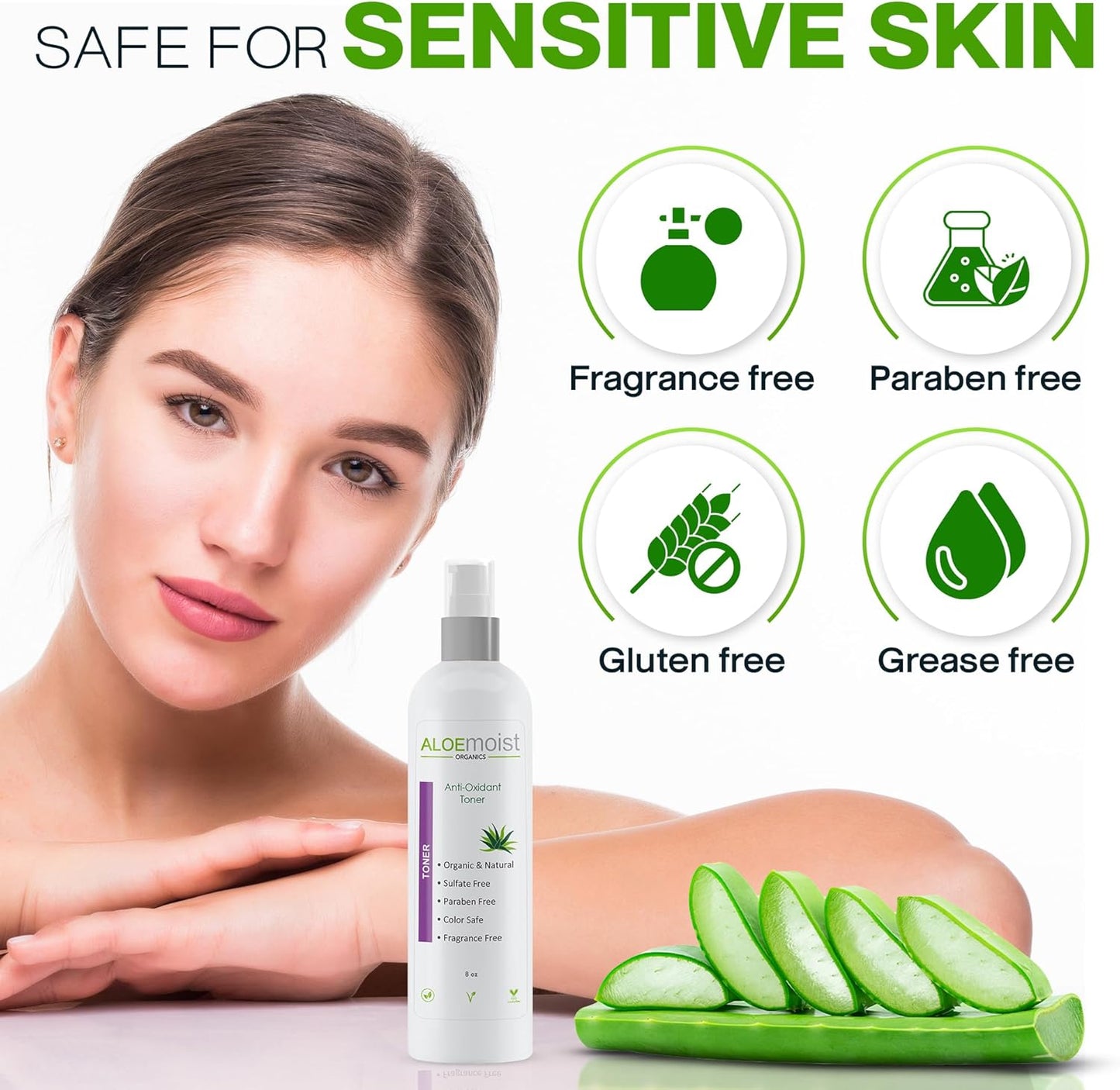 Aloe Vera Toner for Sensitive Skin: Hydrating Facial Toner for Women Anti Aging Dry, Oily & Acne Prone Skin with Soothing Aloe Vera, Pore Minimizing Witch Hazel, pH Balancing Antioxidant Green Tea 8oz