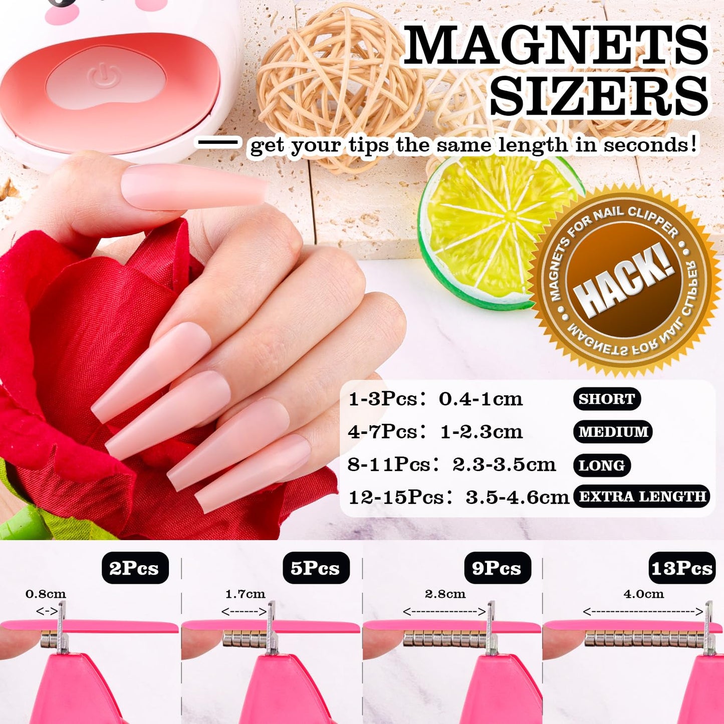 Pink Adjustable Nail Clippers with Magnets Sizers for Acrylic Nails, Artificial Fake Nail False Nail Tip Cutter Trimmer Manicure Pedicure Sharp Blade Clip Tool For Salon Home Art Beauty