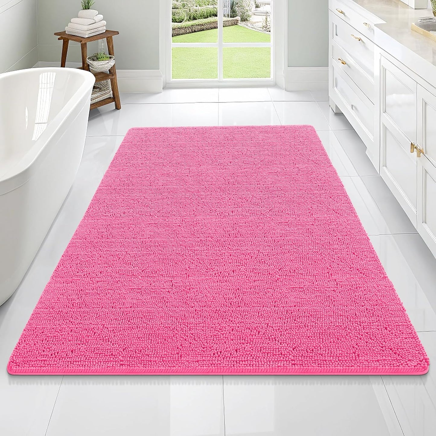 OLANLY Bathroom Rugs 70x46, Extra Soft Absorbent Chenille Bath Rugs, Rubber Backing Quick Dry, Machine Washable Bath Mats for Bathroom Floor, Tub and Shower, Home Decor Accessories, Hot Pink