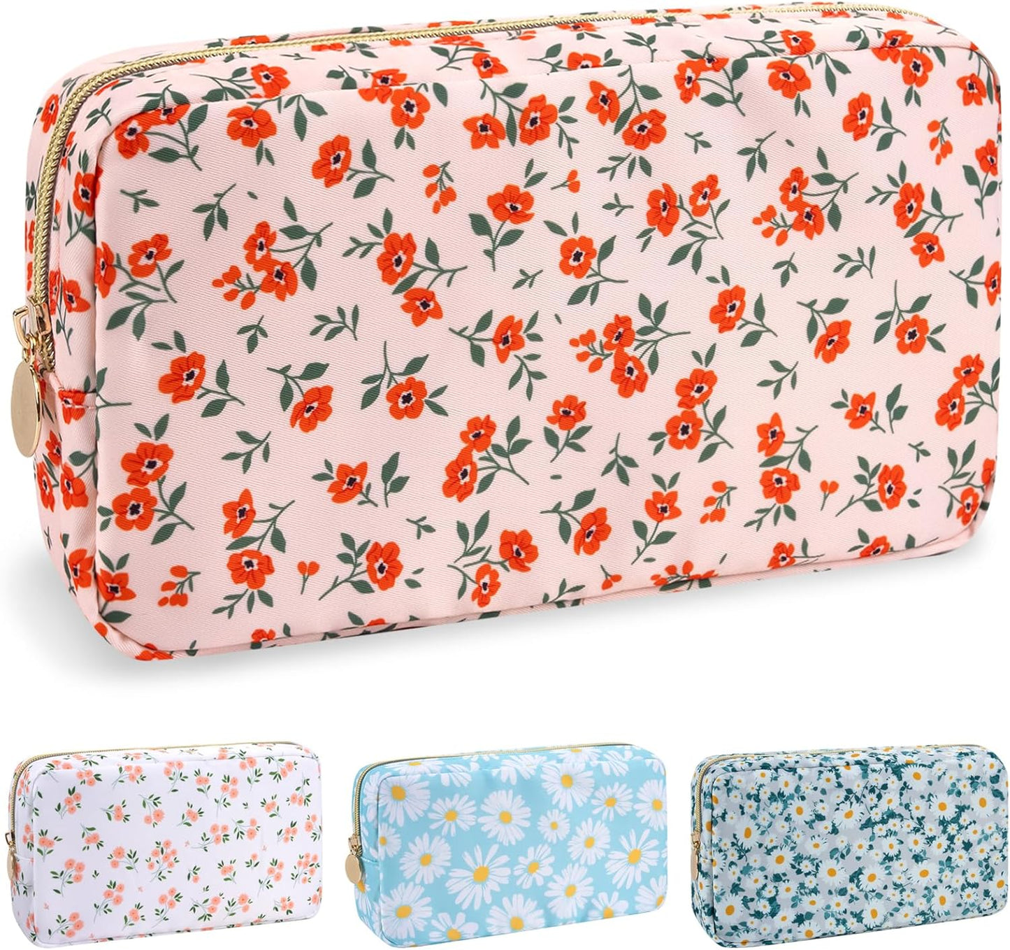 Nylon Small Floral Makeup Bag for Purse, Cute Preppy Pink Makeup Bag Flower Cosmetic Zipper Pouch, Waterproof Portable Travel Toiletry Makeup Brush Bag Organizer Storage for Women Girls(Pink-Floral)