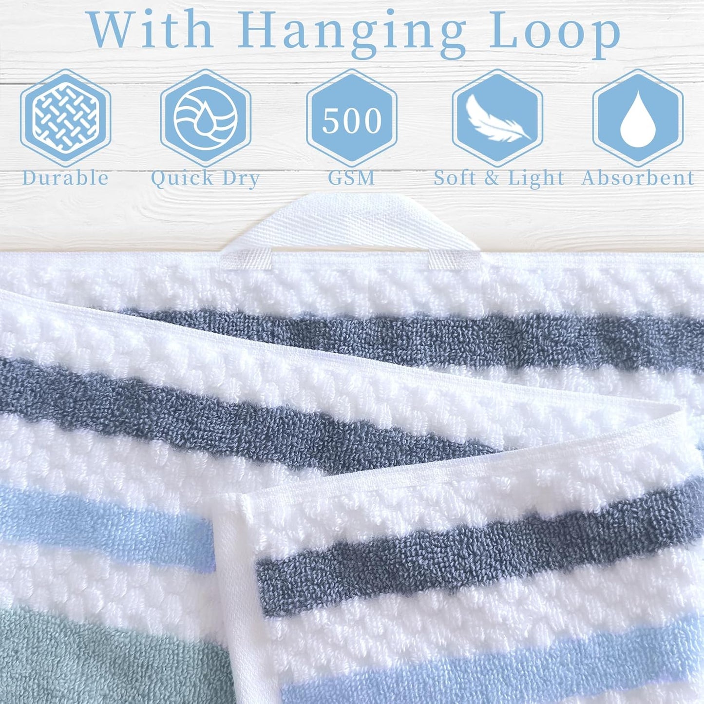 Waffle Towels for Bathroom - Quick Dry | Thick | Lightweight | 500GSM, 2 Large Bath 28"x52", 4 Hand 16"x27", Cotton Polyester Blend Towels, Shower Towel with Hanging Loops, Blue Gray Stripe and White