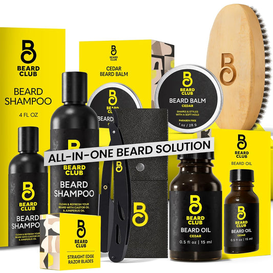 The Beard Club Beard Care Kit & Mens Grooming Kit - Essentials for a Healthier Looking, Stylish Facial Hair - Straight Edge Razor, Shampoo, Cedar Balm & Oil, and Boar Bristle Brush