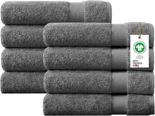 Delara 100% Organic Cotton Towels 650 GSM Plush Feather Touch Quick Dry Bath Towel, Pack of 8 GOTS Certified, Oeko-Tex Green Certified, Organic Cotton Bath Towel, 30"X58"