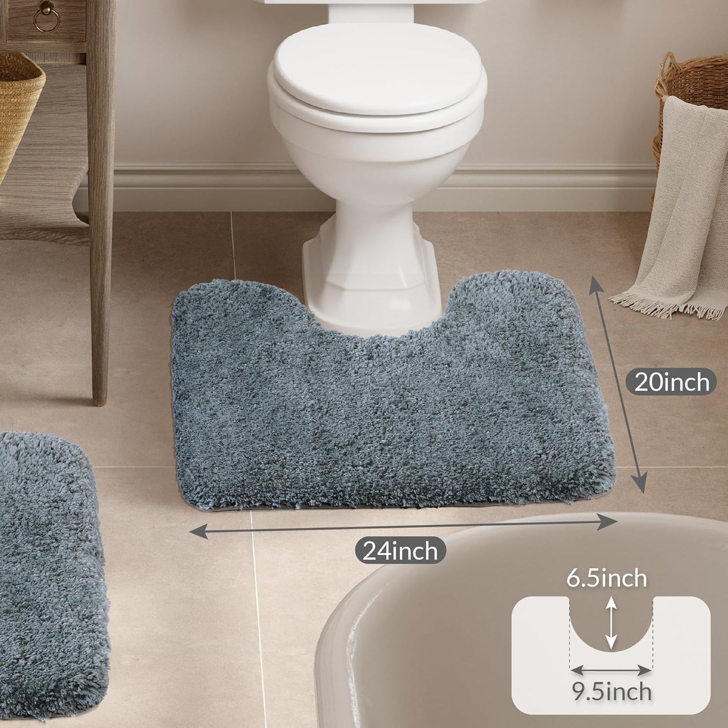 Walensee Contour Rug (20x24, Slate) Non Slip Bath Mat, Soft Microfiber Shaggy Mat, Machine Washable U Shape Toilet Rug