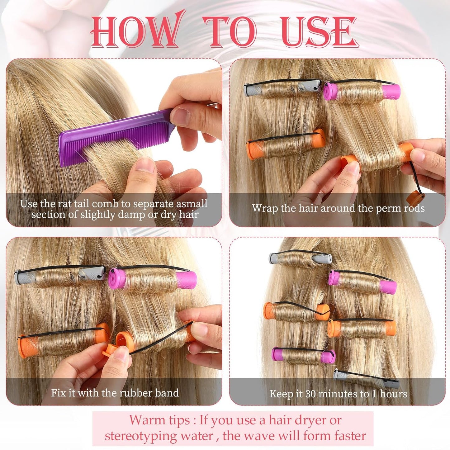WILLBOND 36 Pieces Cold Wave Rod Hair Perm Rods Hair Rollers Perming Curlers with Steel Rat Tail Comb for Hairdressing Styling(Purple, Gray, Orange,0.87 Inch, 0.75 Inch,0.59 Inch)