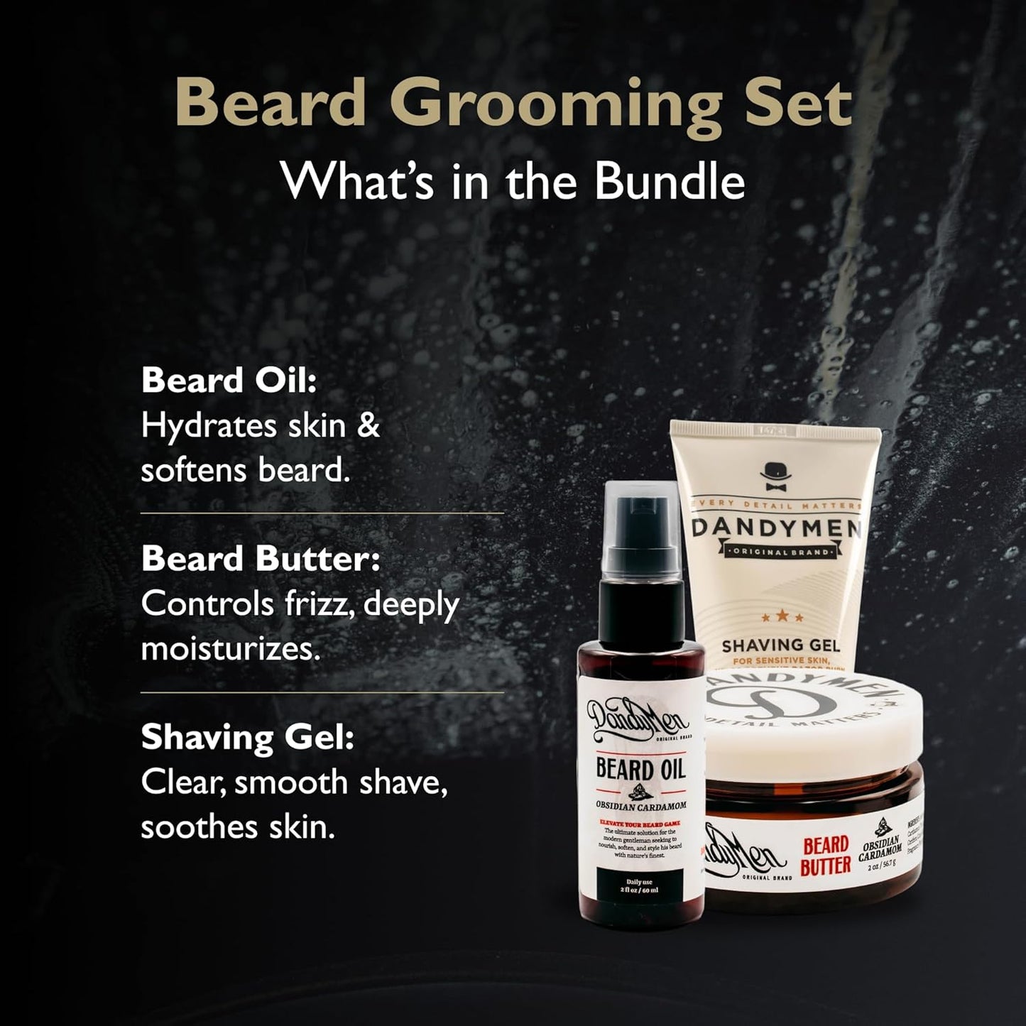 Beard Grooming Set – Beard Oil, Beard Butter & Shaving Gel – Hydrate, Soften & Style (3-pack, Obsidian Cardamom)