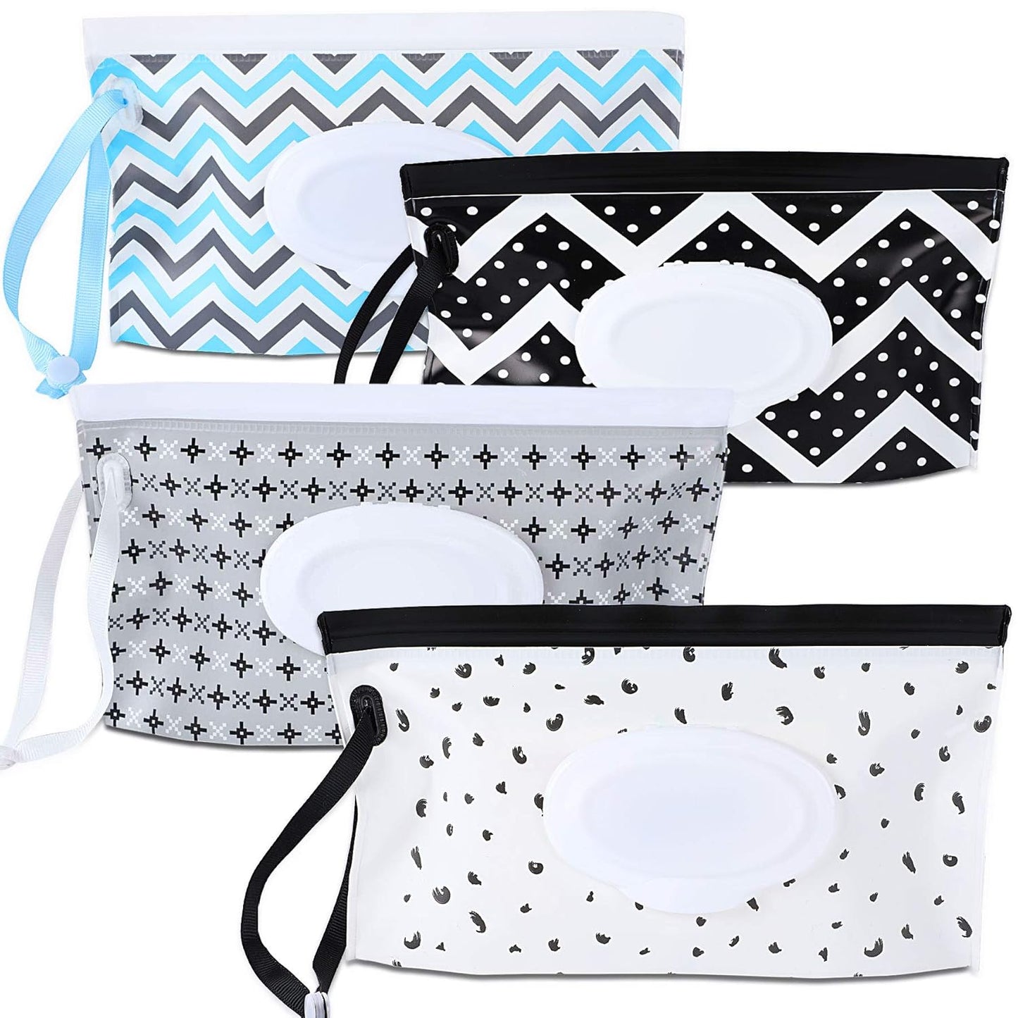 FEBSNOW 4 Pack Baby Wipe Dispenser, Portable Refillable Wipe Holder, Baby Wipes Container, Wipe Dispenser, Reusable Travel Wet Wipe Pouch (Geometric)