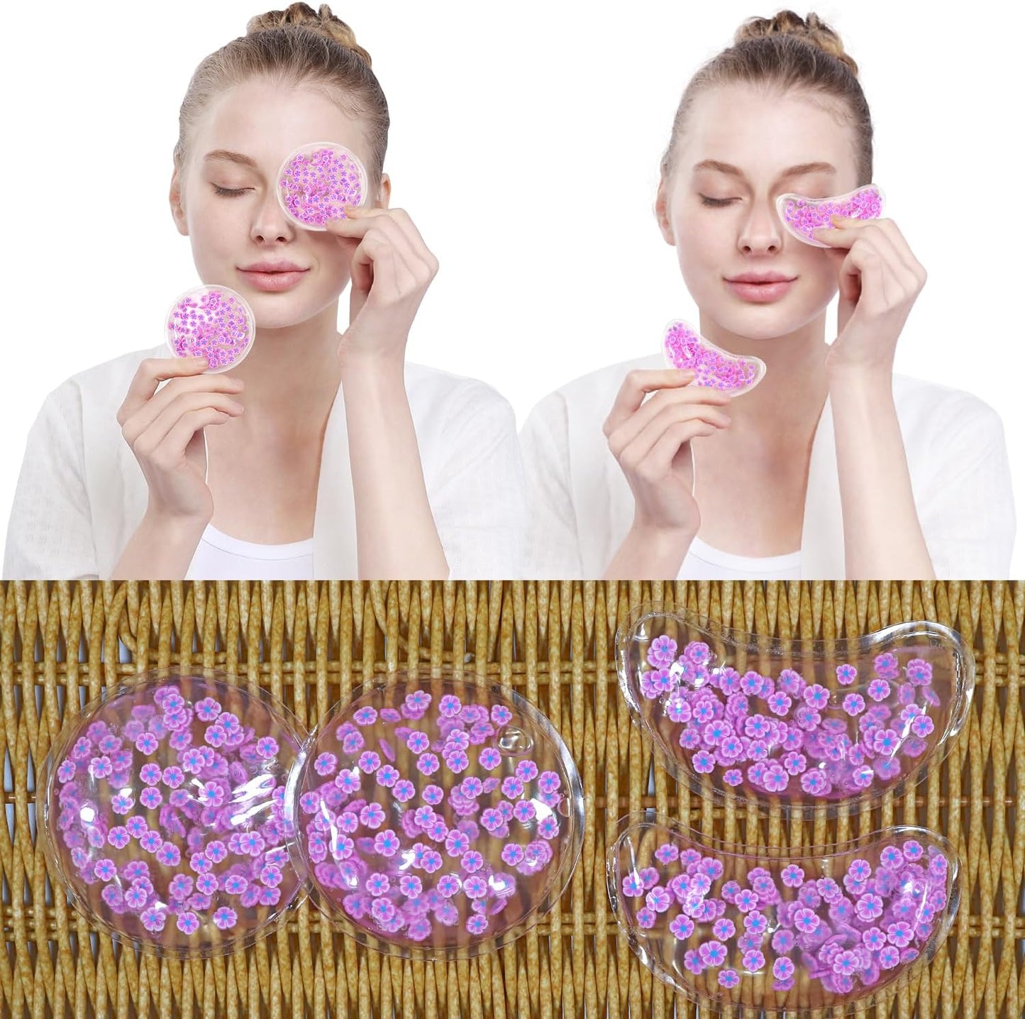 4PCS Gel Eye Ice Pack Set, Cold & Hot Compress, Reusable Cooling Gel Pads for Strain Relief, Relaxation, SPA and Sleep (4 Purple Flowers-2)