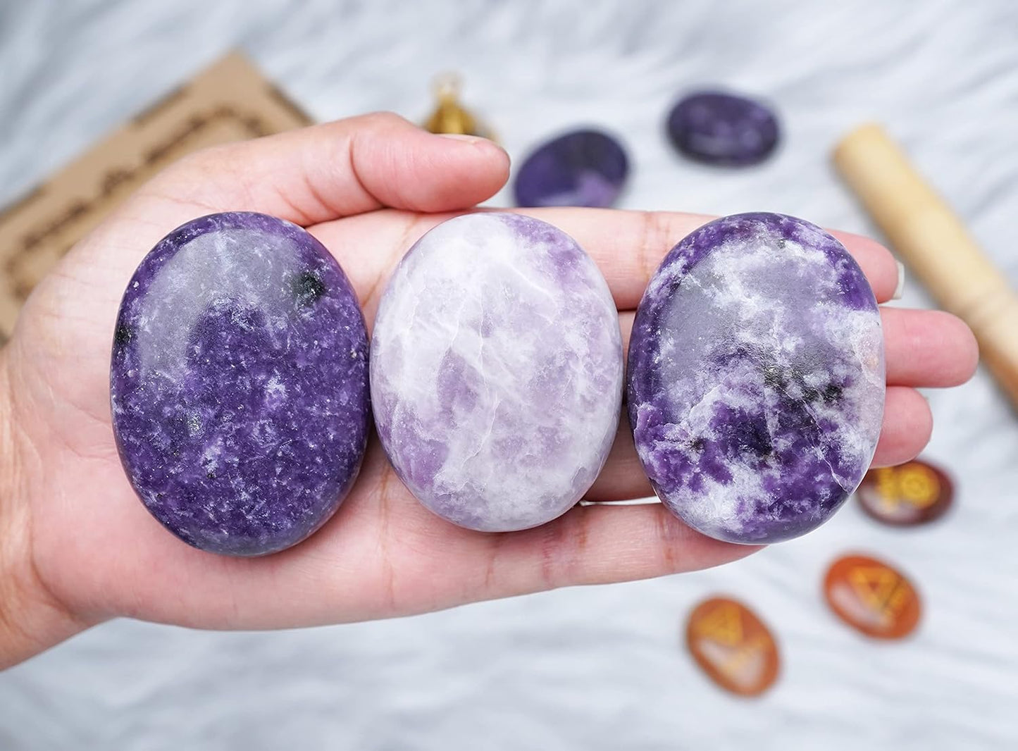 Crocon 50mm lepidolite Large Oval Palm Stone 900+ Carats Pocket Massage Worry Stones for Natural Body Chakra Balancing Reiki Healing Stones and Crystal Grid Healing Massage Spa Energy Crystals