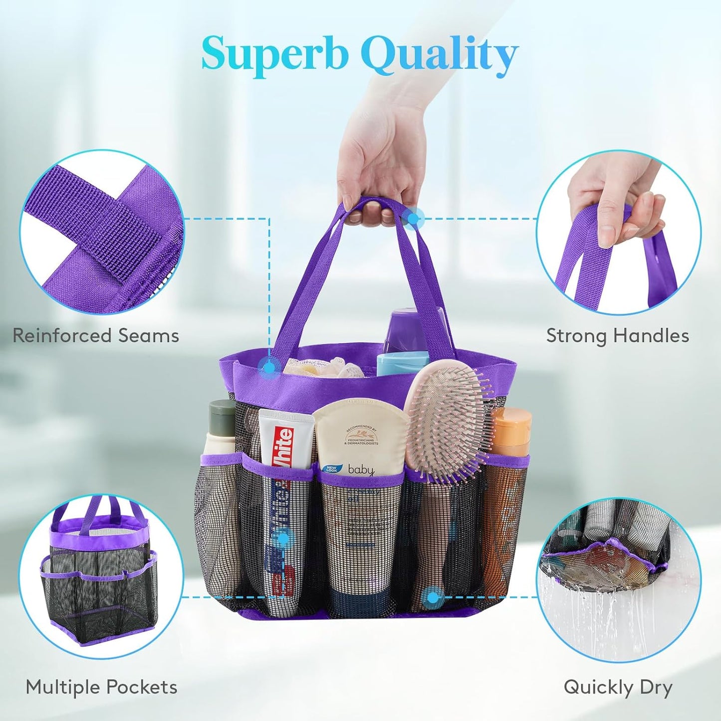 Lifewit Mesh Shower Caddy Freestanding Portable Shower Tote Bag for College Dorm, Bathroom, Gym, Travel, Quick Dry Hanging Organizer with 7 Storage Pockets for Toiletry Essentials,Purple