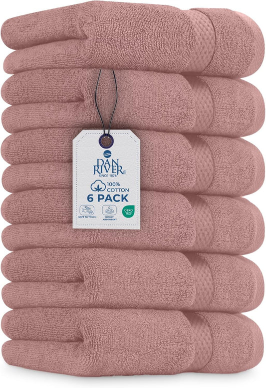 DAN RIVER 6-Pack Premium Hand Towels (16x28 Inches) - 100% Cotton, Ultra Soft, Lightweight, Highly Absorbent Towels for Bathroom, Spa, Gym, Salon, Hotel, and Travel - 550 GSM – Dusty Pink