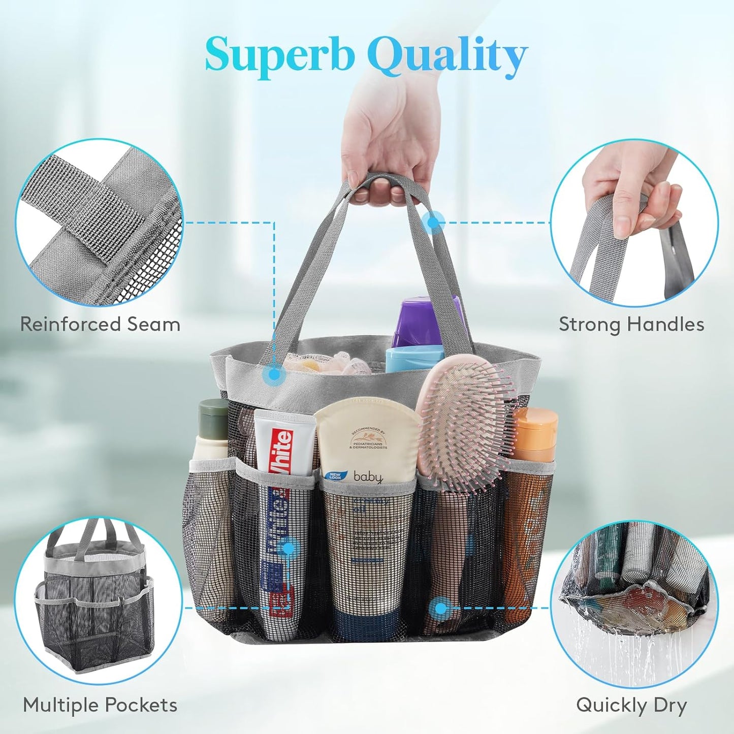 Lifewit Mesh Shower Caddy Freestanding Portable Shower Tote Bag for College Dorm, Bathroom, Gym, Quick Dry Hanging Shower Organizer with 7 Storage Pockets for Toiletry Essentials, Large, Light Gray