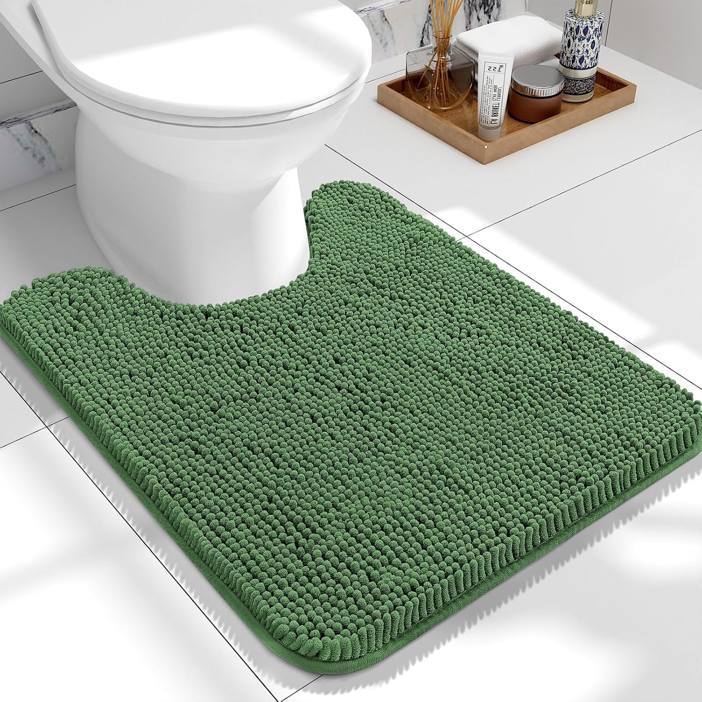 OLANLY Toilet Rugs U-Shaped 24x20, Extra Soft Absorbent Chenille Contour Bathroom Rugs for Toilet, Dry Quickly, Machine Washable, Non-Slip Bath Mat, Olive Green